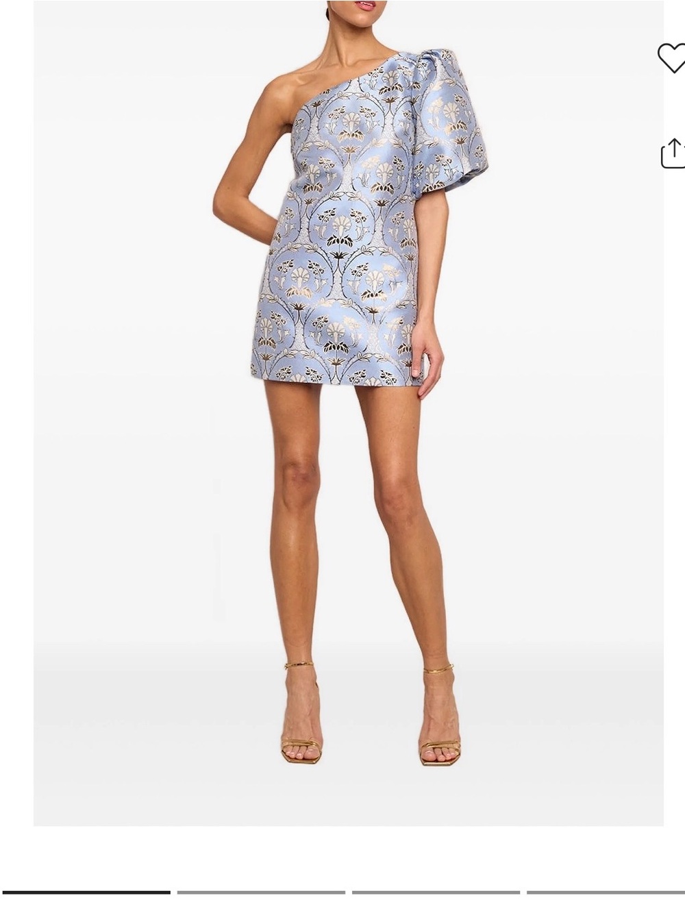Gorgeous Cara Cara One-Shoulder Pale Blue Brocade Mini Dress with Gold Accents